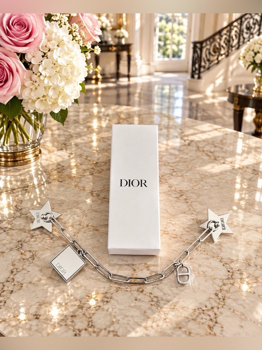 Dior Silver Star & Charm Chain phone ring